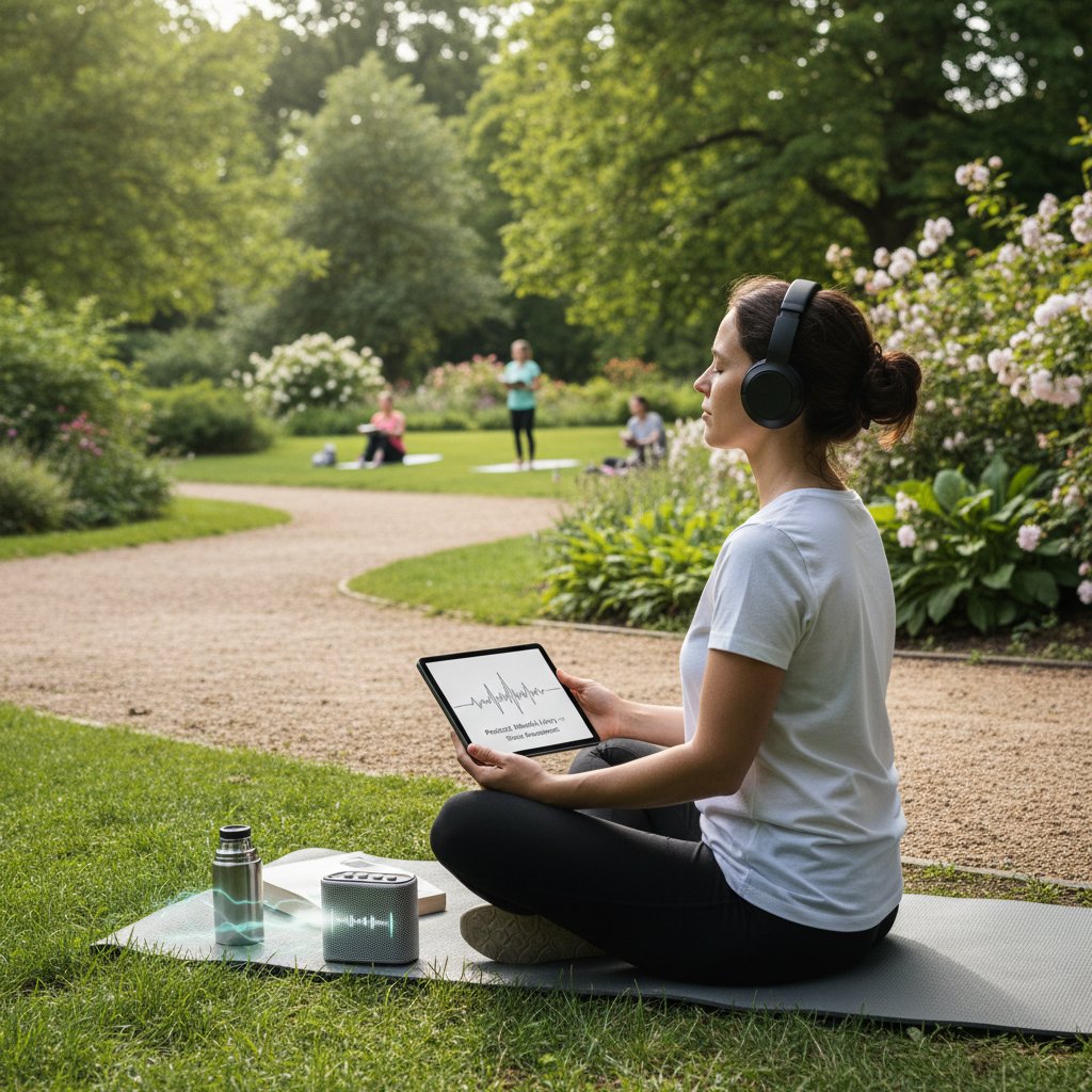 Zdjęcie osoby słuchającej podcastu o radzeniu sobie ze stresem podczas spaceru po parku, słuchawki na uszach, spokojna atmosfera
