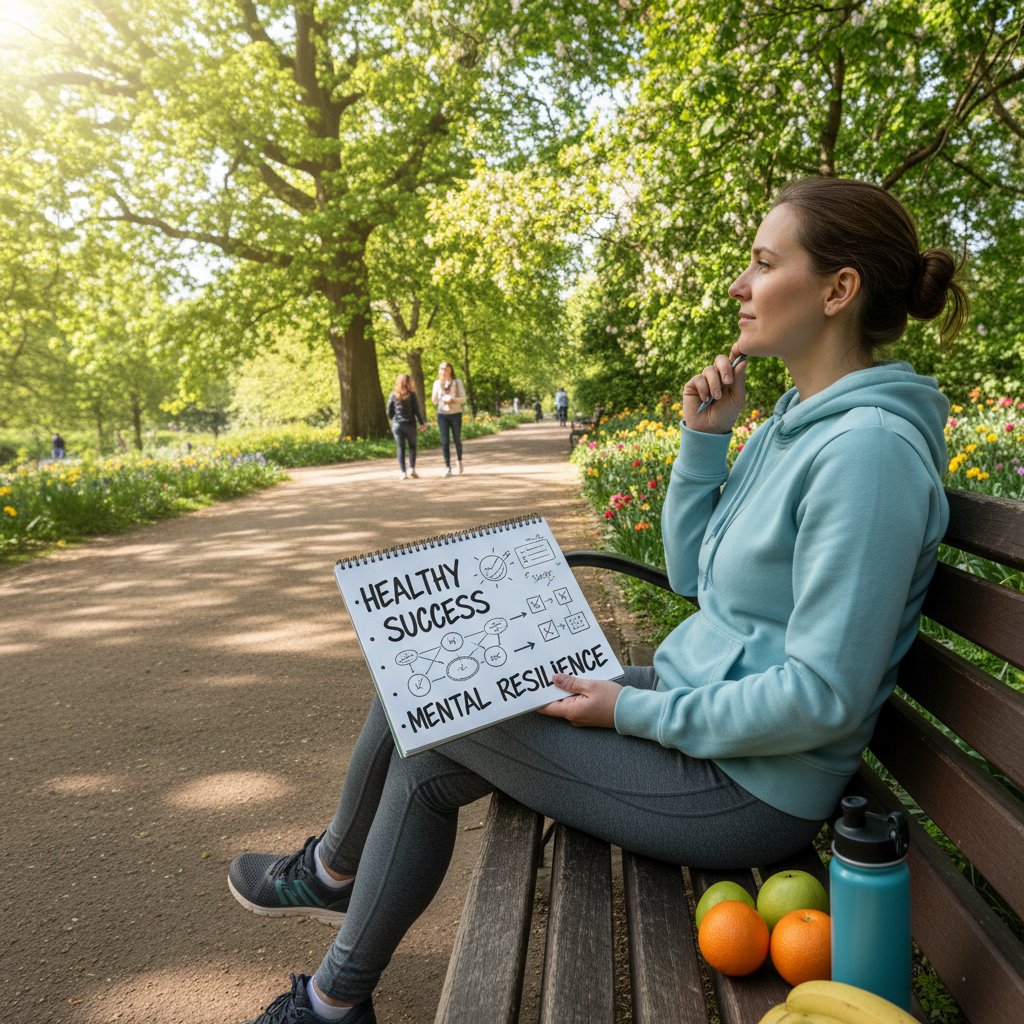Osoba w parku, uśmiechnięta, trzyma notatnik i planuje działania, symbol zdrowego sukcesu i odporności psychicznej