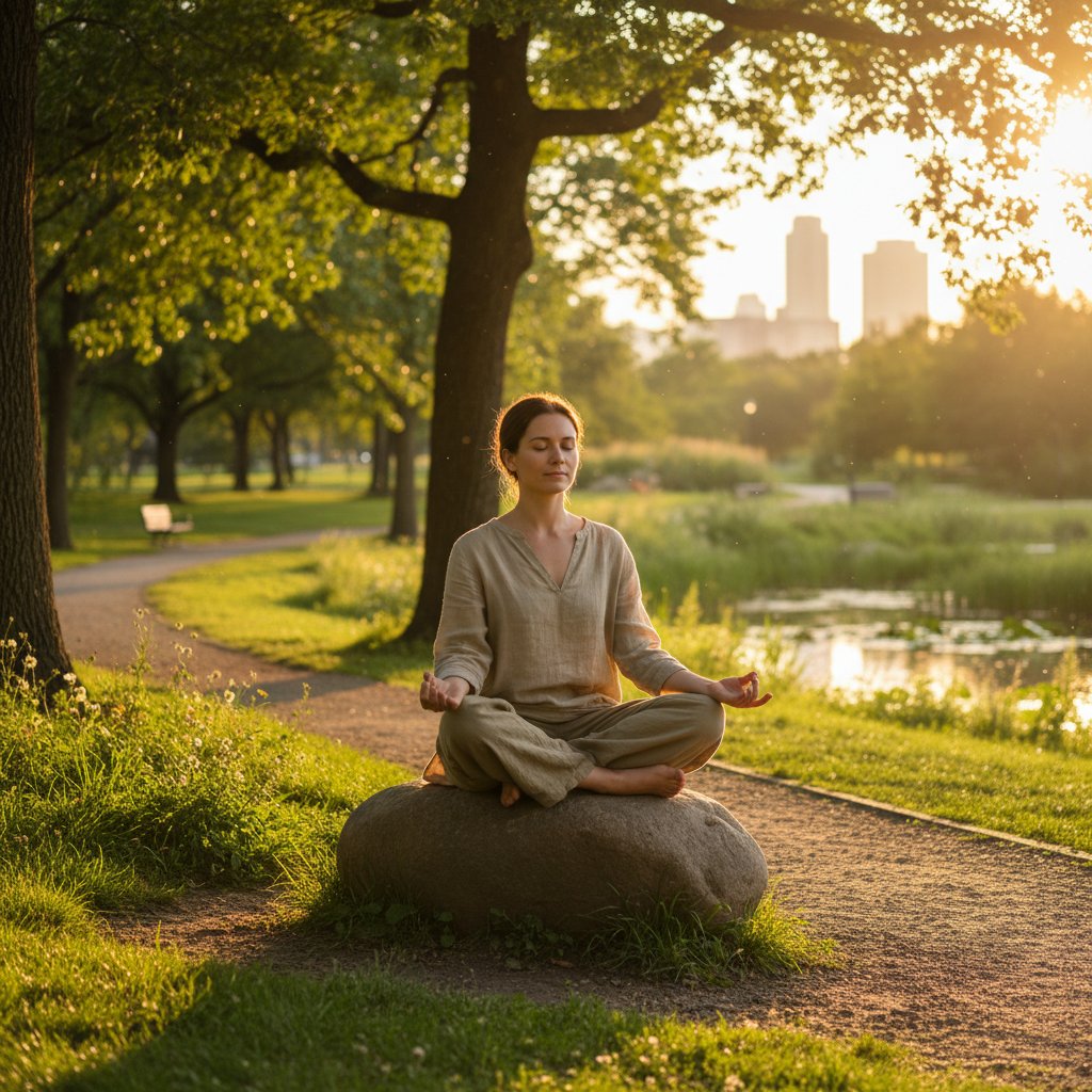Osoba siedząca na trawie w parku, medytująca w promieniach słońca – łącząc mindfulness i ego