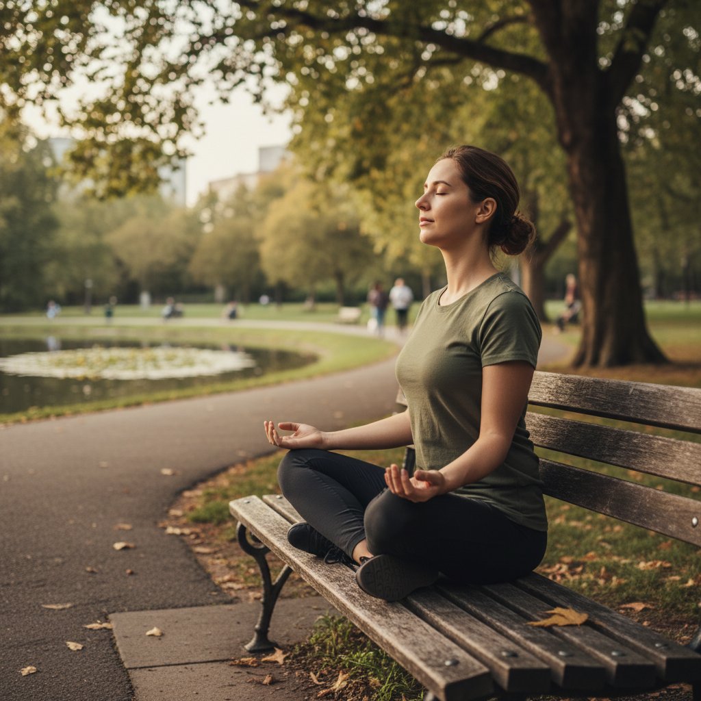 Osoba siedząca na ławce w parku, w skupieniu wykonująca ćwiczenia oddechowe – praktyka mindfulness na co dzień