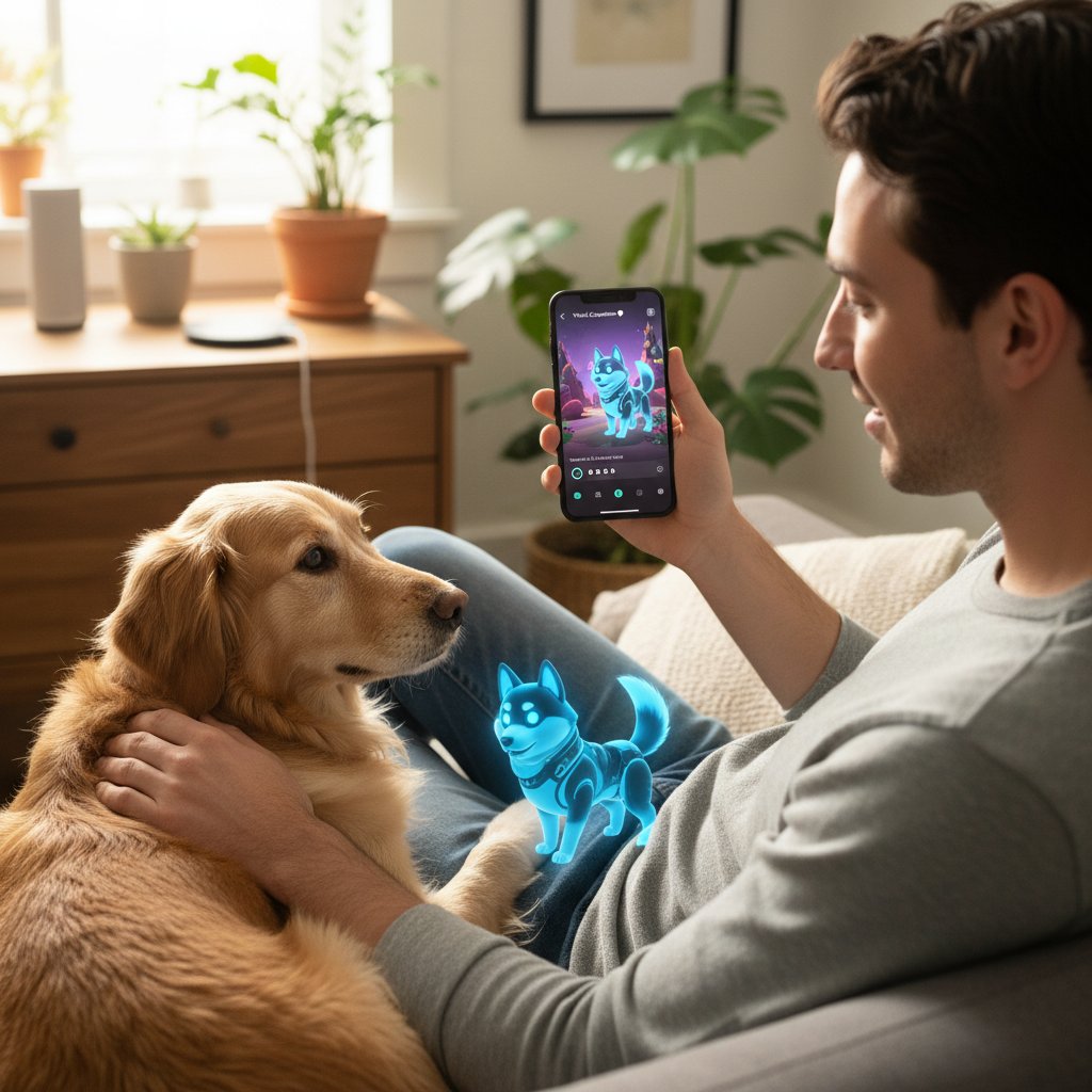 Osoba głaszcząca prawdziwego psa i korzystająca z aplikacji wirtualnego psa; świat cyfrowy i realny
