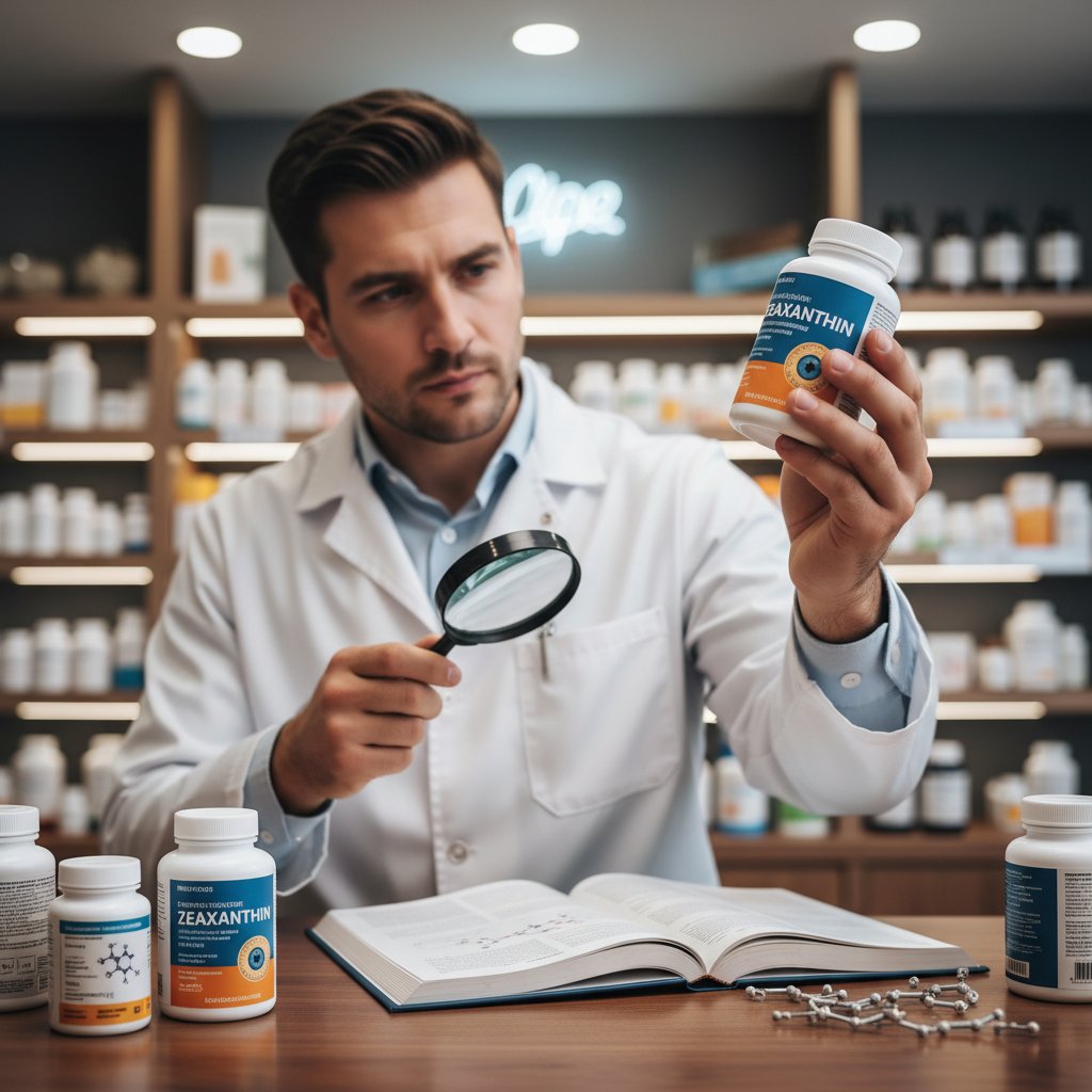 Osoba analizująca skład suplementów zeaksantyny w aptece