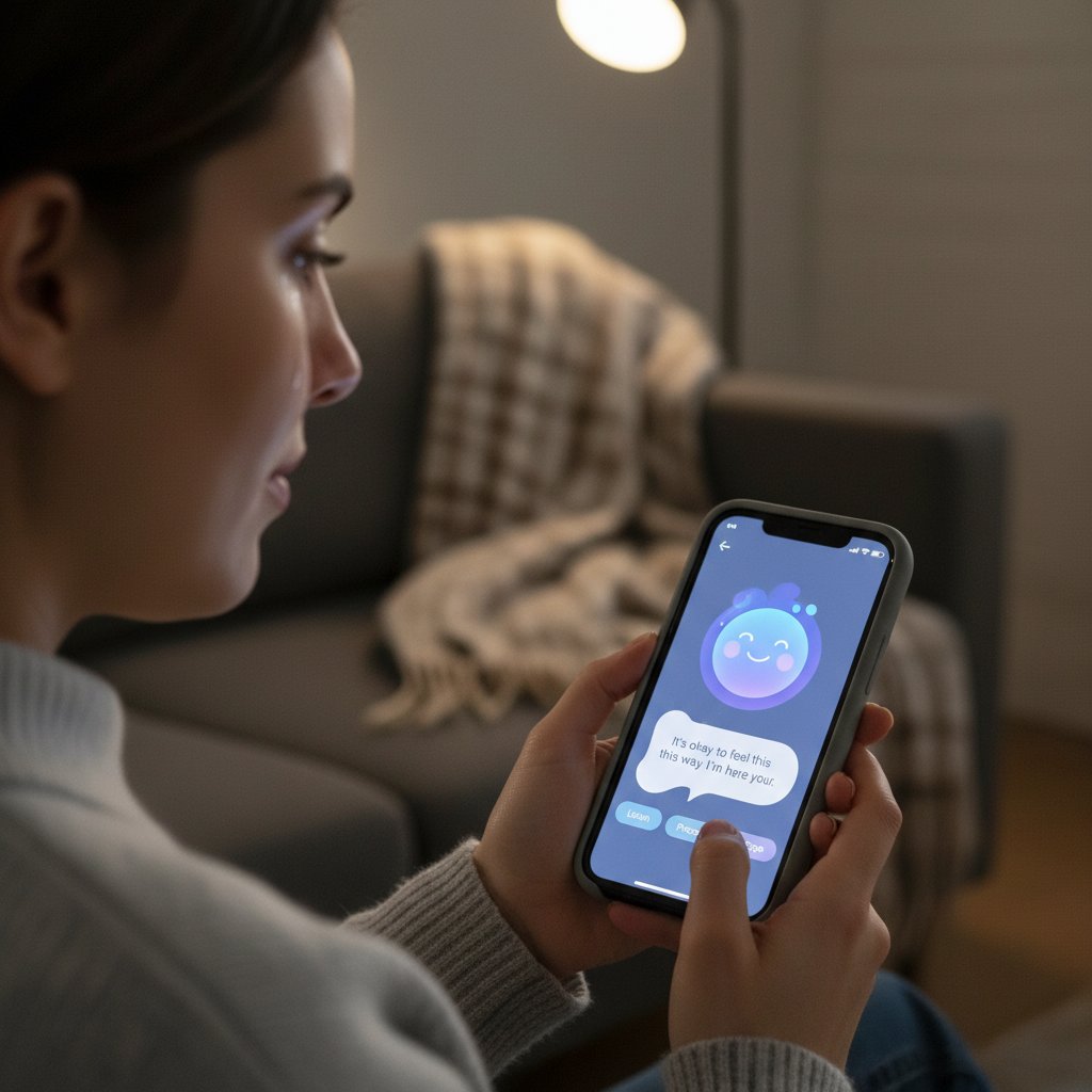 Osoba z telefonem w dłoni, na ekranie aplikacja AI – symbol nowoczesnej terapii emocjonalnej