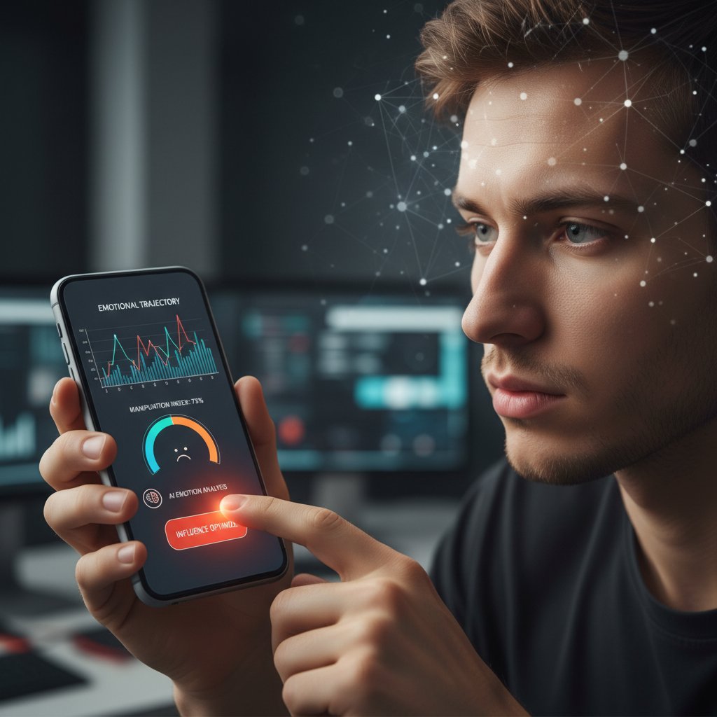 Osoba patrząca na ekran telefonu, na którym AI analizuje i targetuje emocje użytkownika