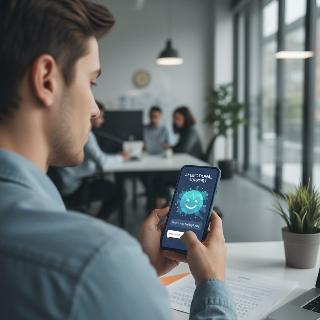 Osoba korzystająca z telefonu, aplikacja AI wspierająca emocje, otoczenie biurowe