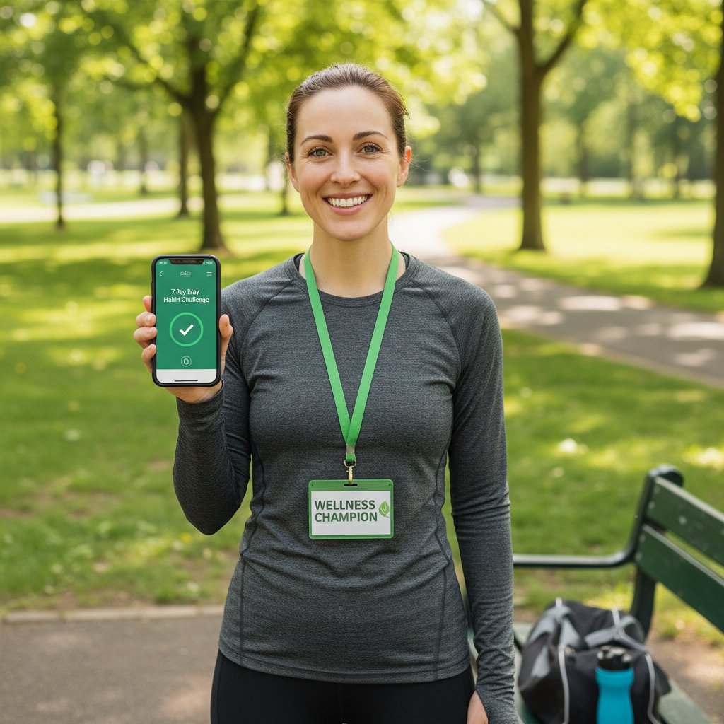 Osoba z telefonem i odznaką za zdrowy nawyk, uśmiech i duma