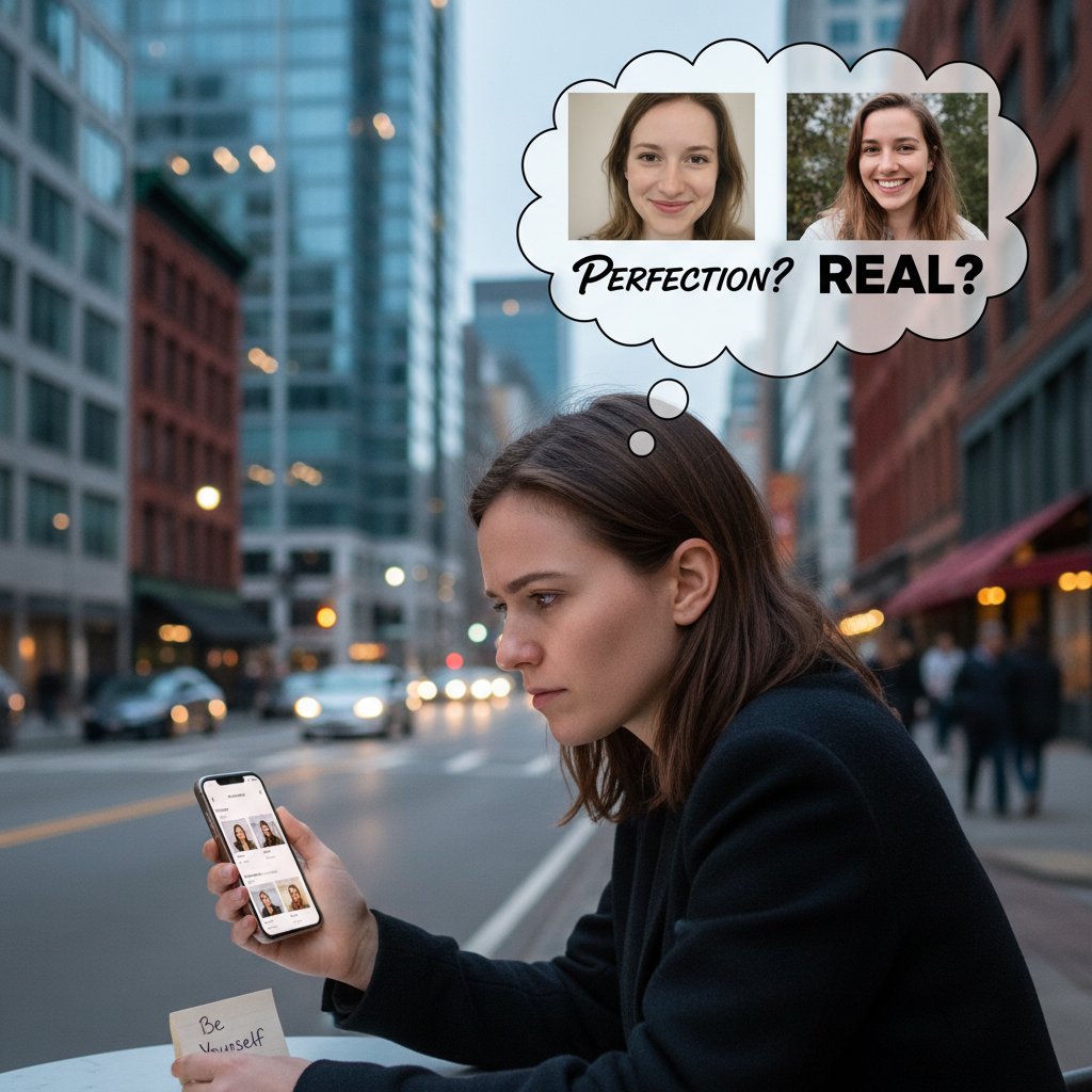 Osoba patrząca na ekran telefonu, zamyślona, miasto w tle, słowa kluczowe: randki online, autentyczność, algorytmy, porady randkowe