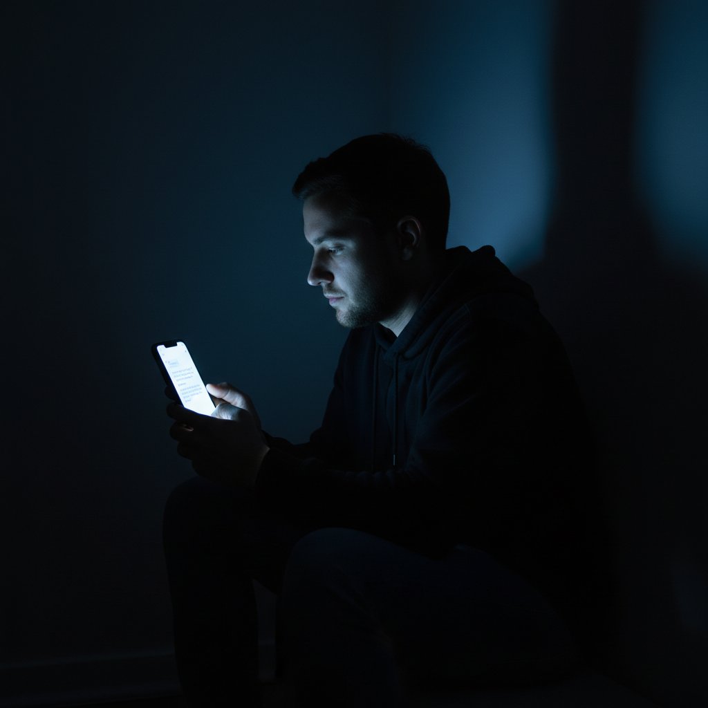 Osoba rozmawiająca przez telefon w ciemnym pokoju, twarz częściowo w cieniu, atmosfera tajemnicza