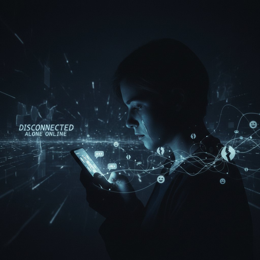 Osoba patrząca w ekran telefonu, otoczona ciemnością, symbolizująca cyfrową samotność