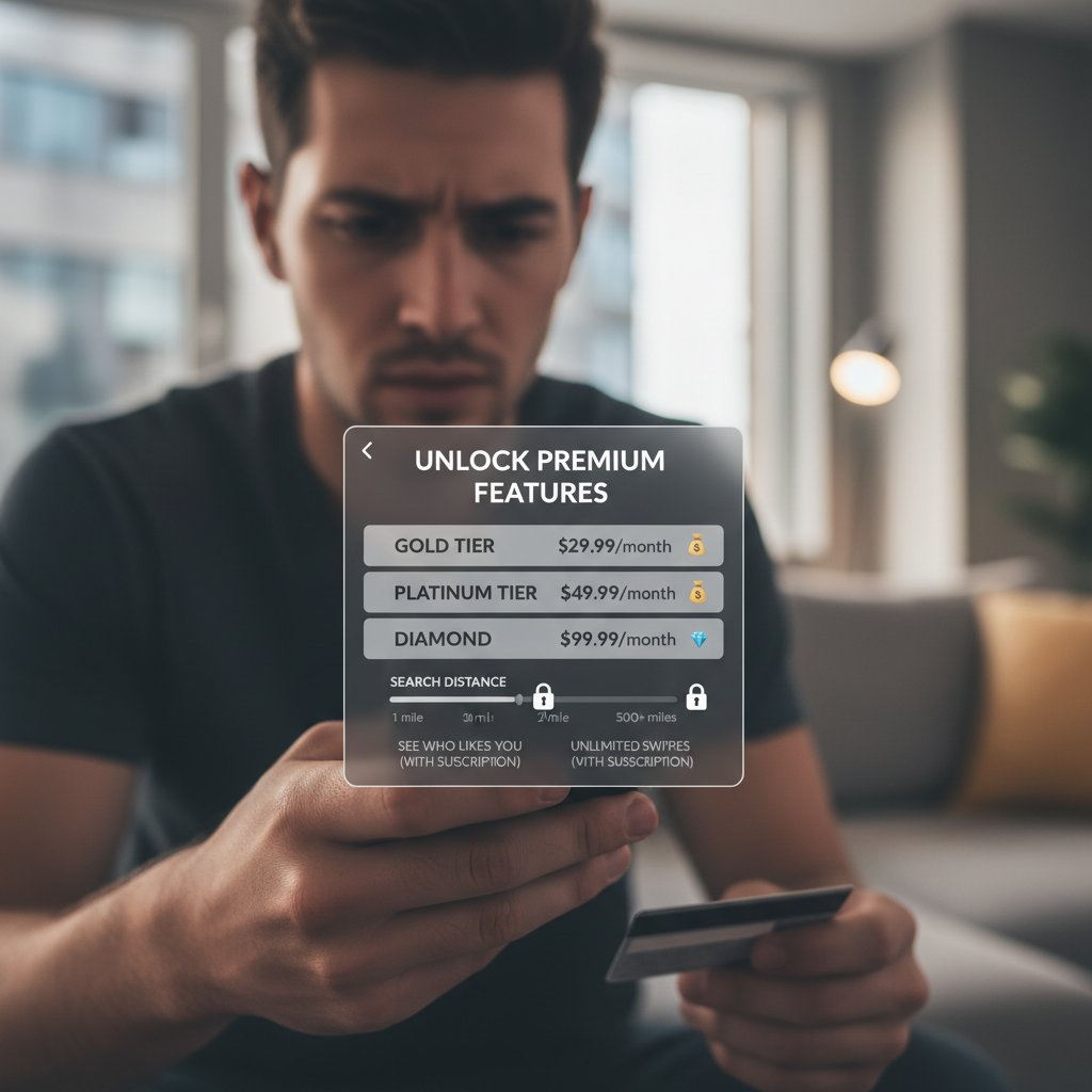 Osoba trzymająca telefon z aplikacją randkową, w tle wyświetlane ceny subskrypcji, atmosfera dystansu i komercjalizacji relacji