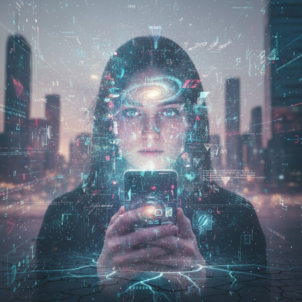 Osoba wpatrzona w telefon, otoczona cyfrową mgłą, symbolizująca zaburzenia świadomości związane z nowoczesnym stylem życia