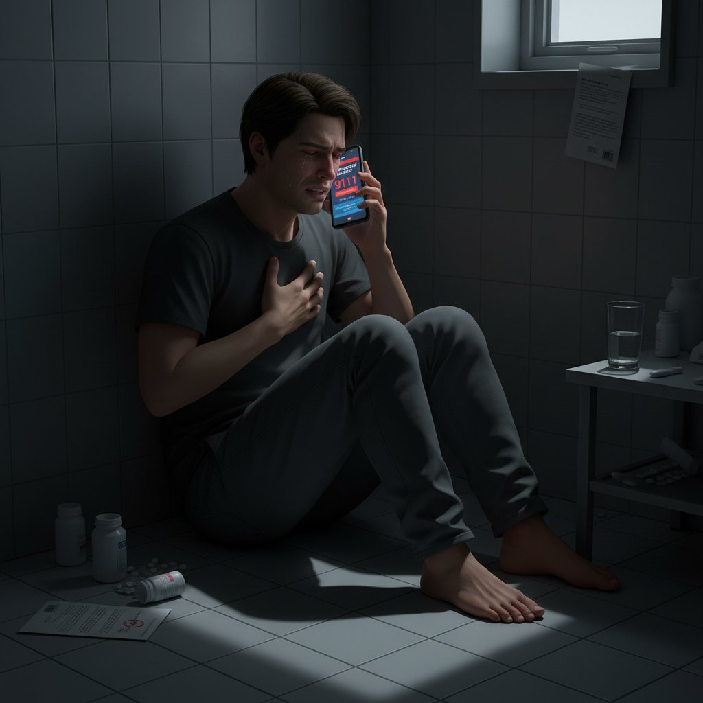 Zdjęcie osoby rozmawiającej przez telefon alarmowy w sytuacji nagłego pogorszenia zdrowia