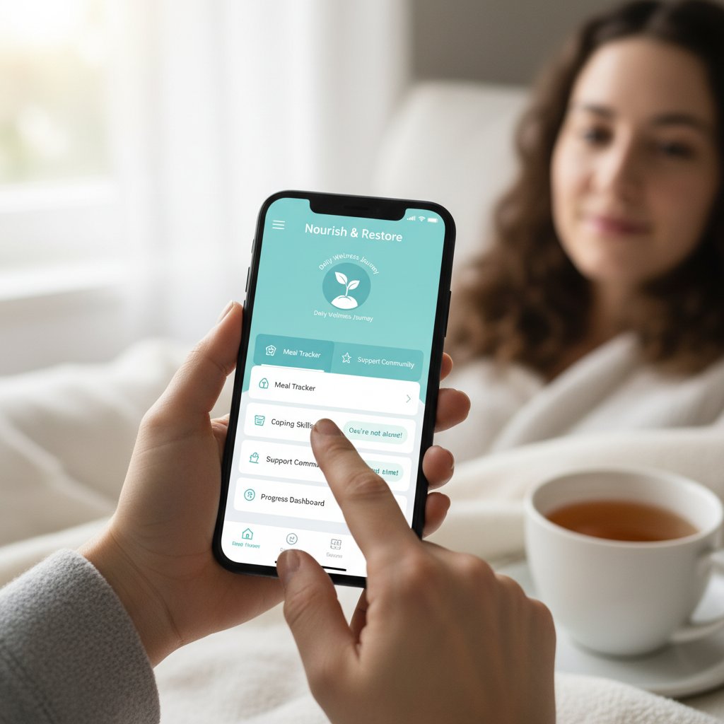 Osoba korzystająca z telefonu, na ekranie aplikacja medyk.ai, wyraz koncentracji na twarzy, symbol wsparcia cyfrowego w walce z anoreksją nervosa