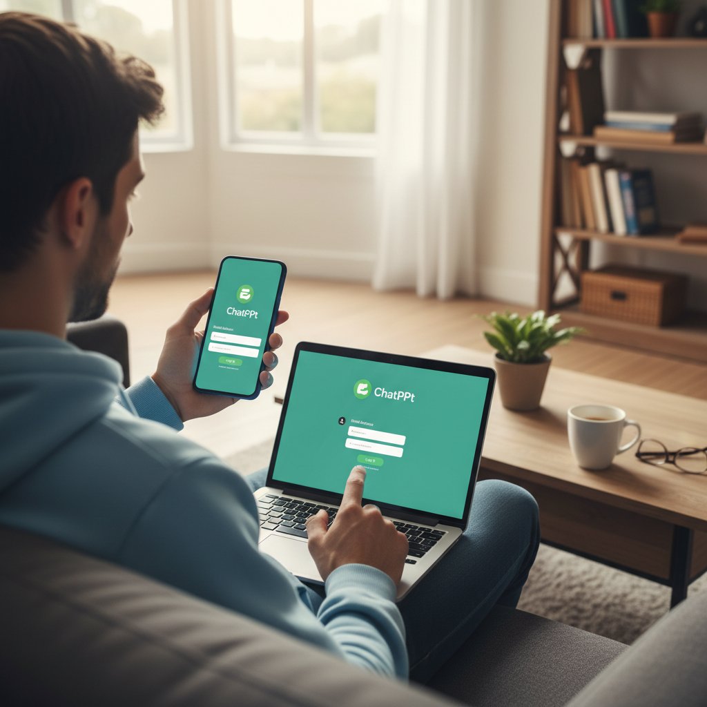 Osoba trzymająca smartfon i laptop, oba urządzenia z ekranem logowania do chatgpt