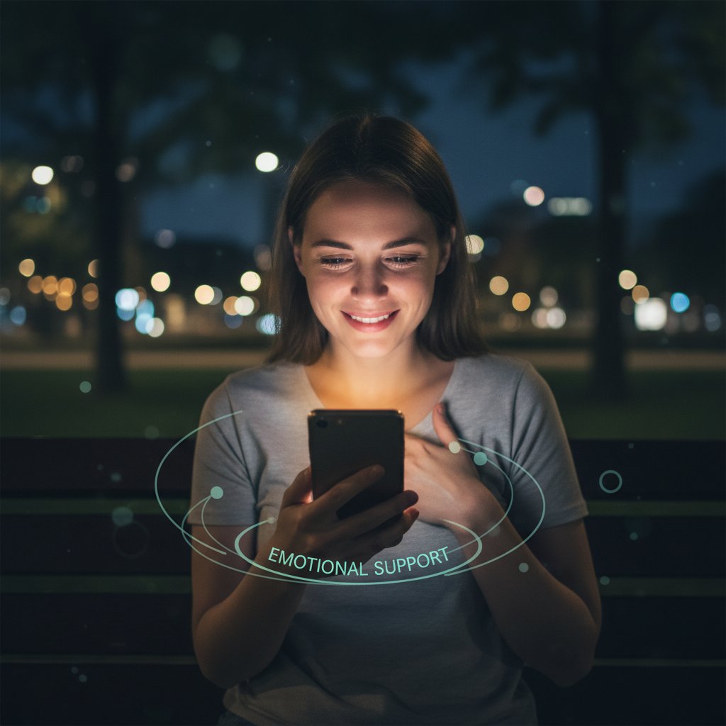 Osoba trzymająca telefon, uśmiechnięta – interakcja z wirtualnym partnerem jako wsparcie emocjonalne