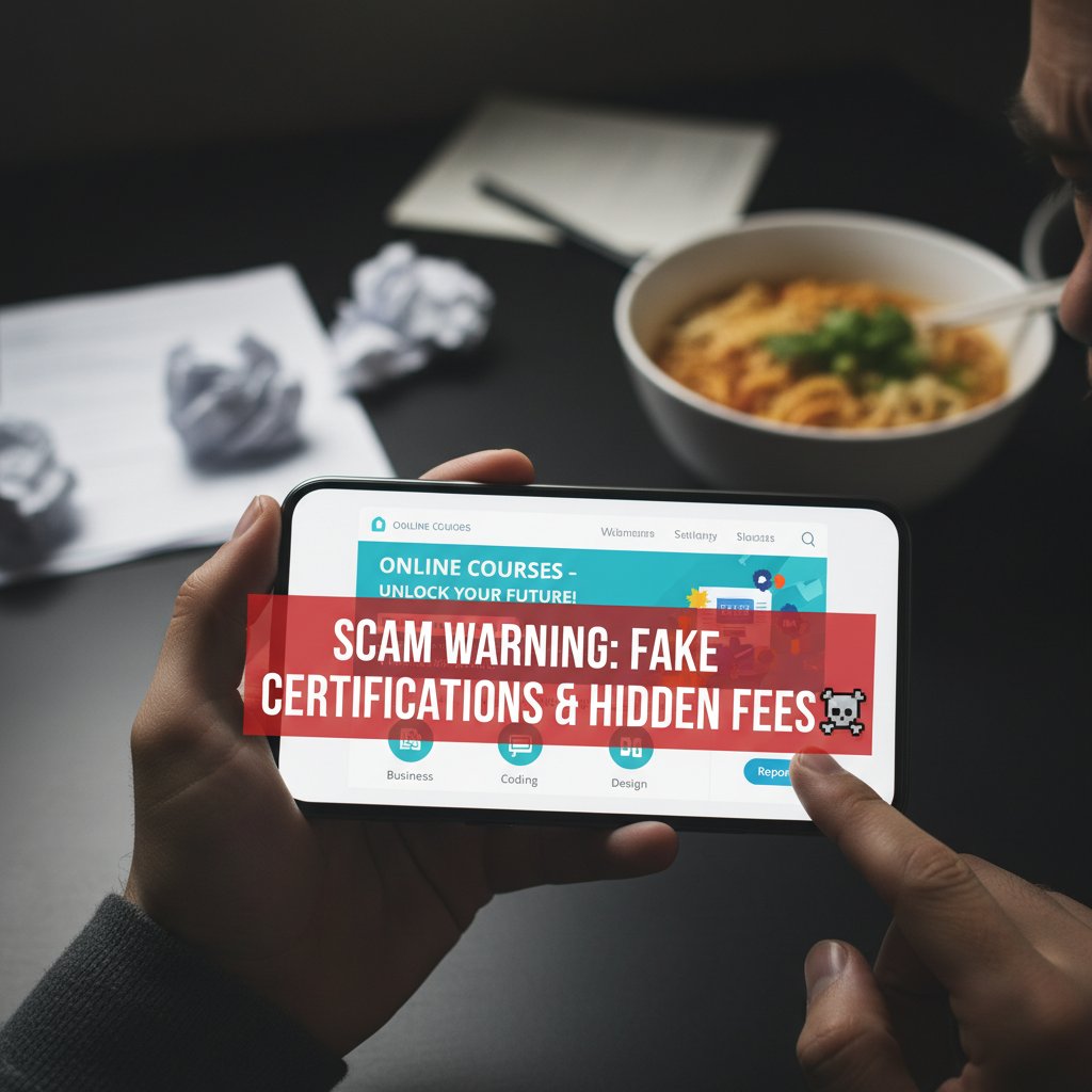 Osoba przeglądająca podejrzane oferty kursów online na smartfonie, wyraz niepewności, ciemne tło, motyw ostrzeżenia