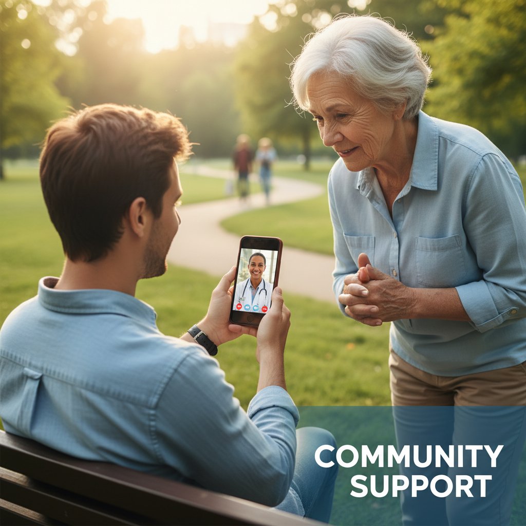 Zdjęcie osoby rozmawiającej przez telefon w parku – symbol wsparcia dostępnego z różnych źródeł