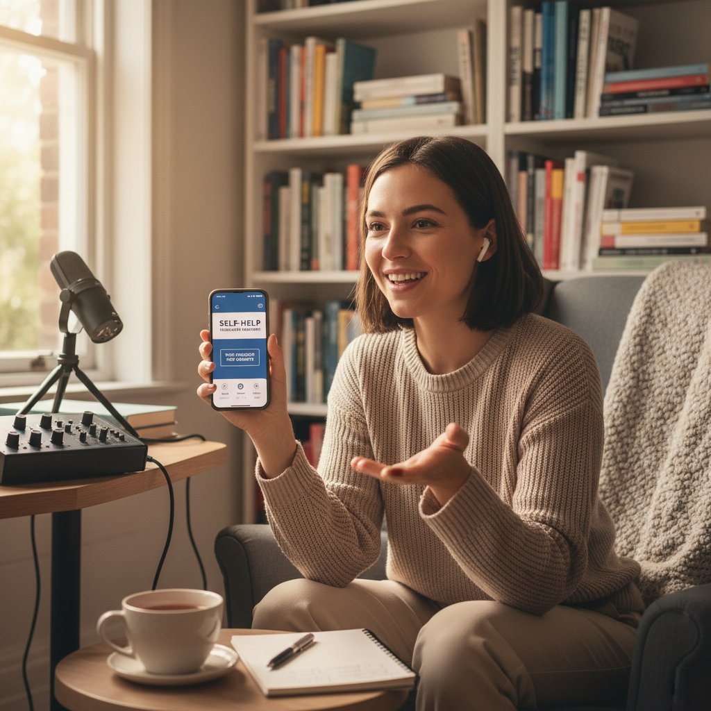 Osoba z telefonem słuchająca podcastu o radzeniu sobie z samotnością