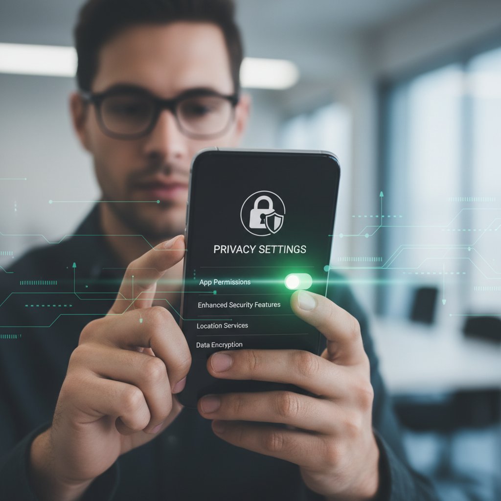 Osoba przeglądająca ustawienia prywatności na smartfonie – symbol troski o dane