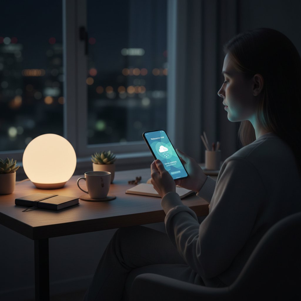 Osoba z telefonem w dłoni, aplikacja do relaksu na ekranie, biurko w nowoczesnym stylu, nocne światło