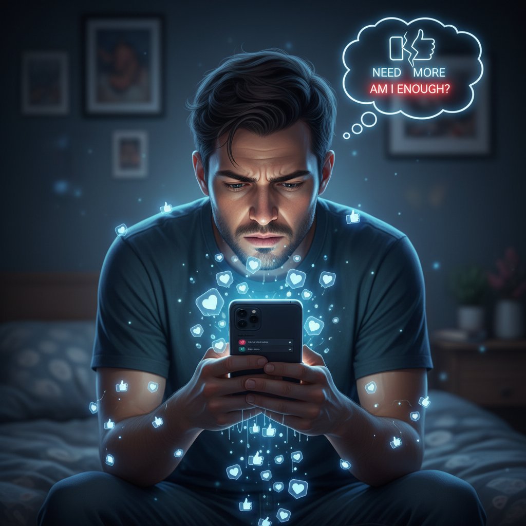 Osoba sprawdzająca lajki na telefonie, presja porównań, media społecznościowe
