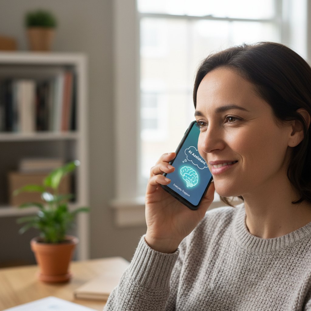 Osoba rozmawia z AI na telefonie, uśmiecha się do ekranu, codzienna scena wsparcia online