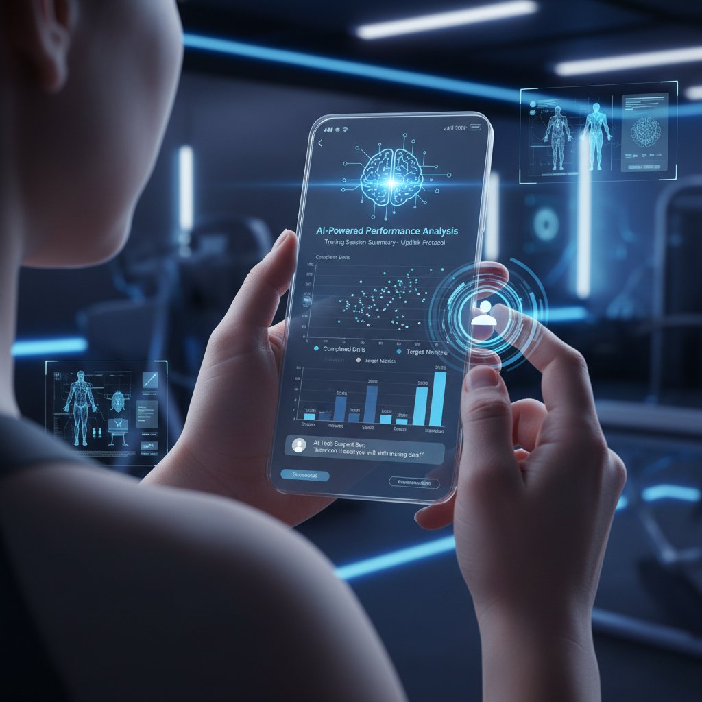 Osoba z telefonem analizuje wyniki treningowe, interfejs AI, wsparcie technologiczne