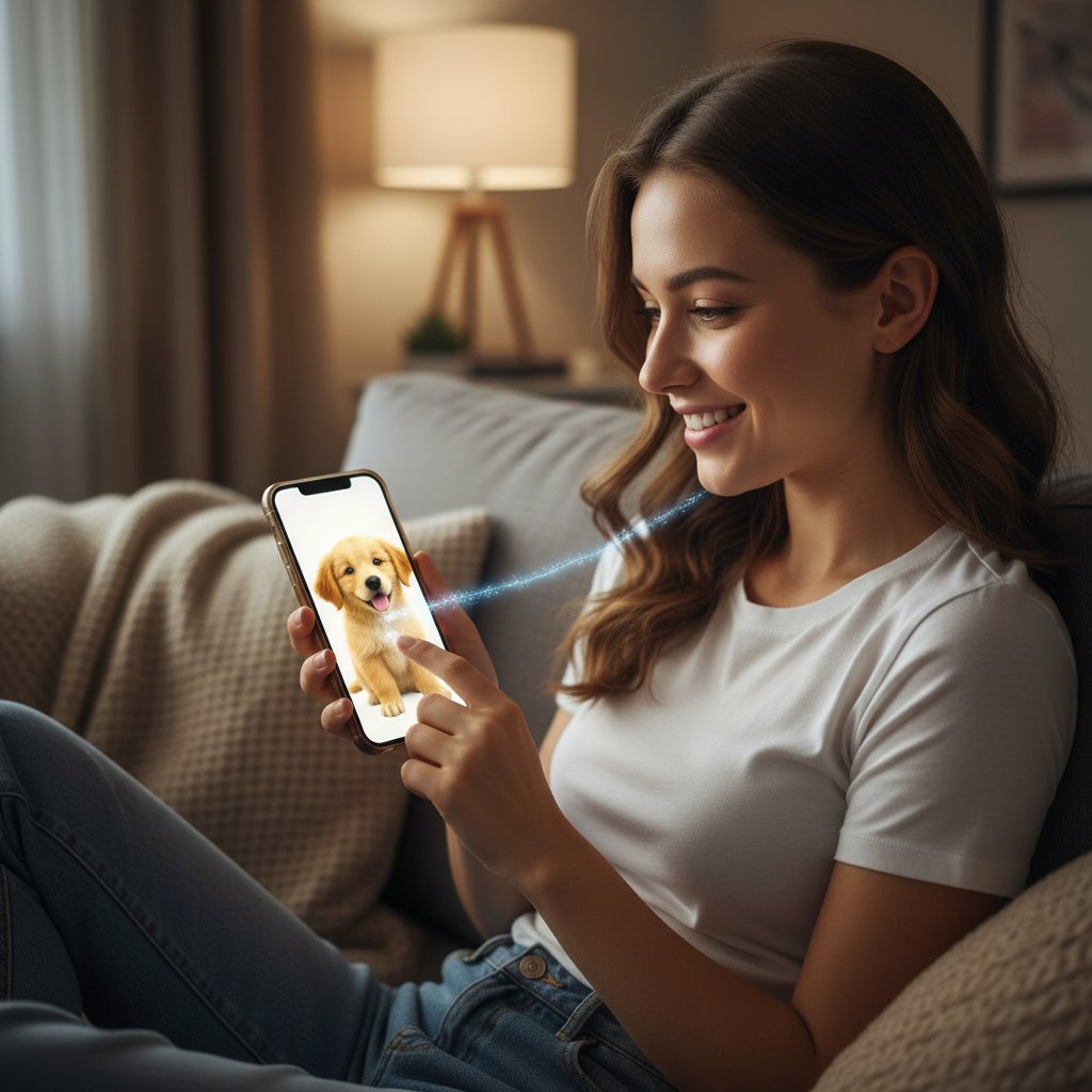 Osoba trzymająca telefon z aplikacją przedstawiającą wirtualnego psa, emocjonalna więź widoczna na twarzy