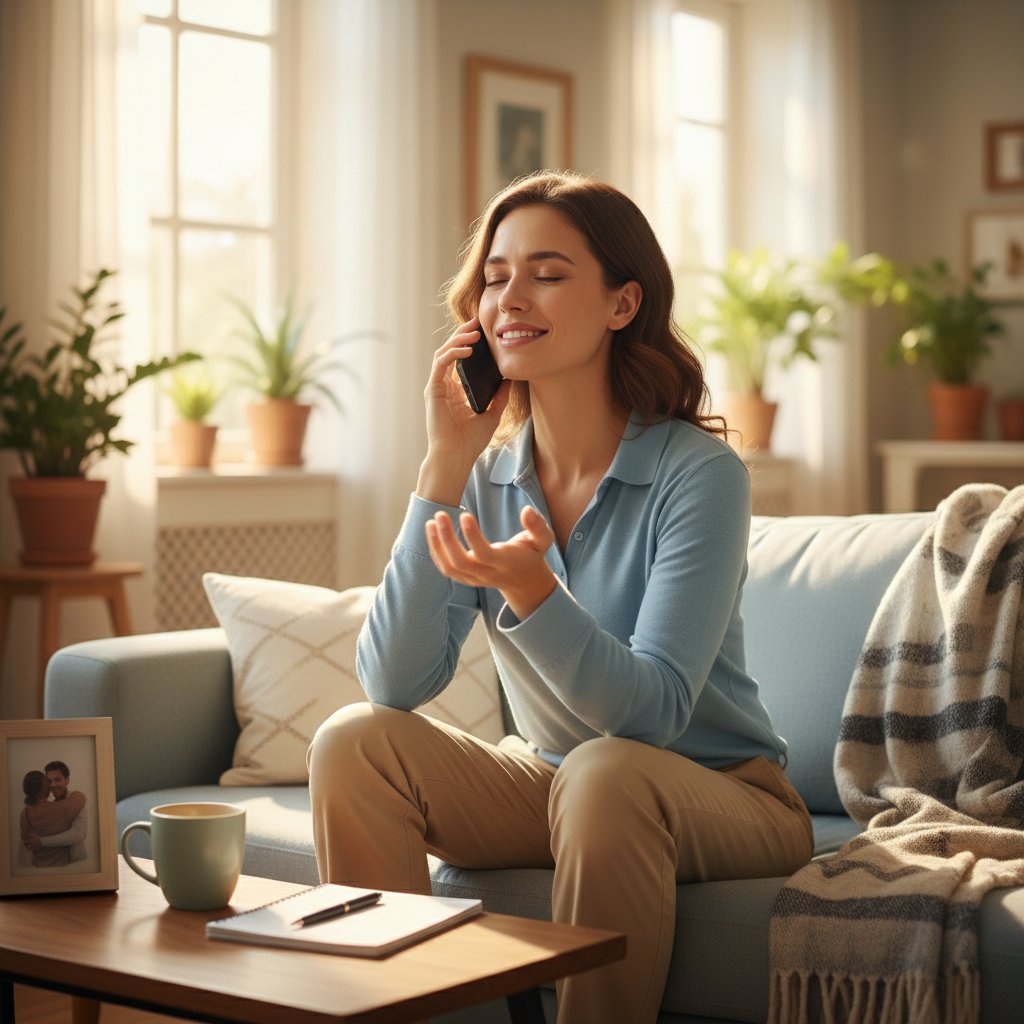 Osoba z telefonem przy uchu, wyraz ulgi na twarzy, jasne wnętrze, wyraźna atmosfera wsparcia