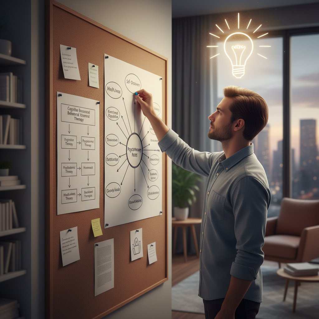 Osoba przypinająca mapę myśli o ścieżkach psychoterapii na ścianie, symbolizująca drogę rozwoju i wybory