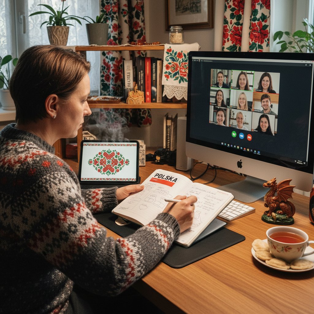 Osoba planująca temat rozmowy online, notatnik, komputer, atmosfera skupienia, polskie akcenty