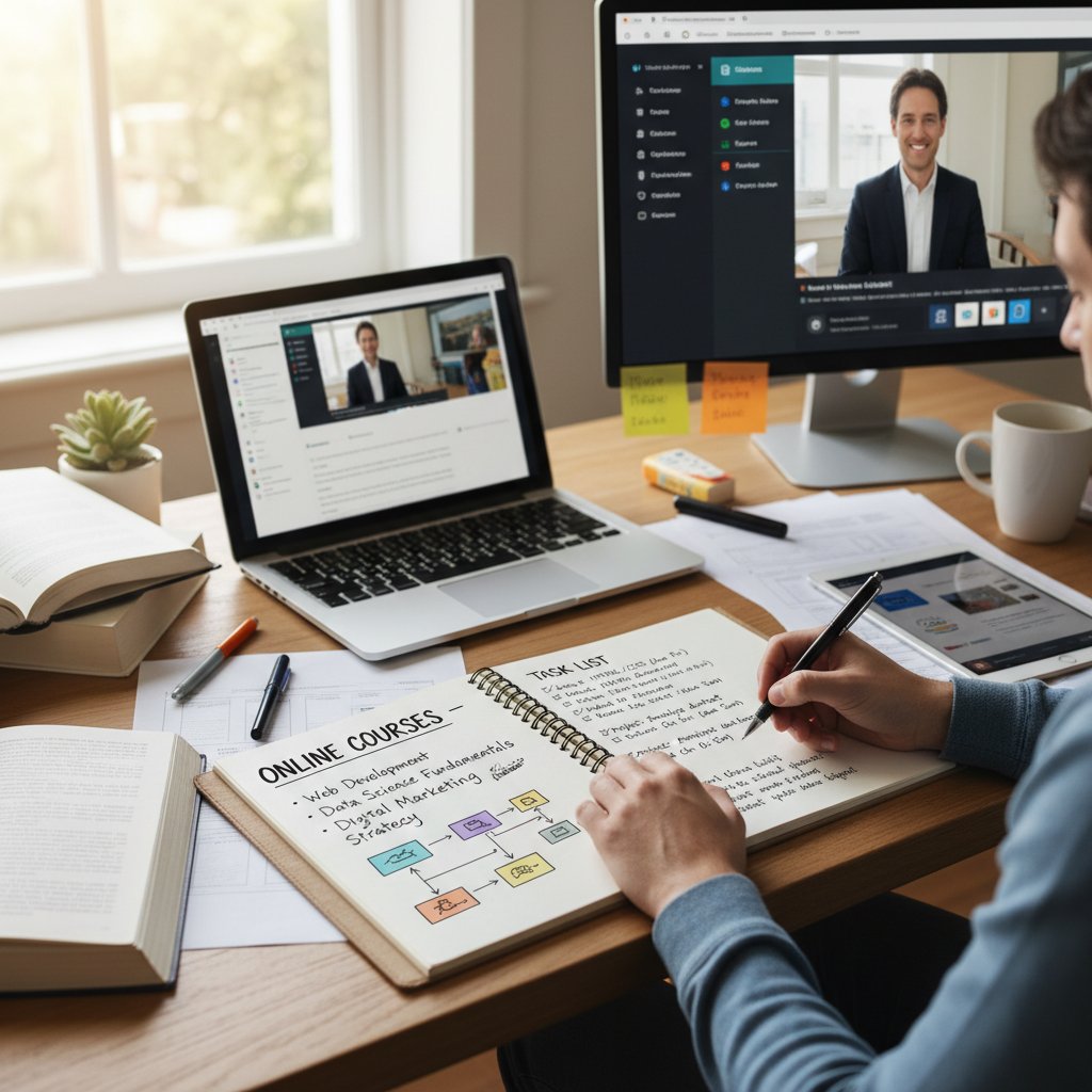 Osoba planująca naukę informatyki online w notatniku, otoczona listą zadań