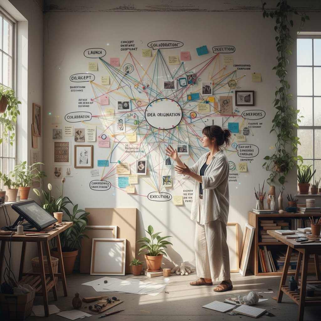 Osoba planująca własną ścieżkę rozwoju kreatywnego, inspirujące otoczenie, tablica z mapą działań