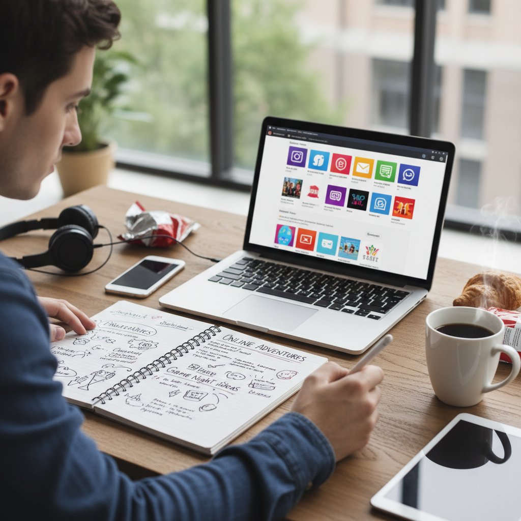 Osoba planująca swoją rozrywkę online z laptopem, notatnikiem i kubkiem kawy