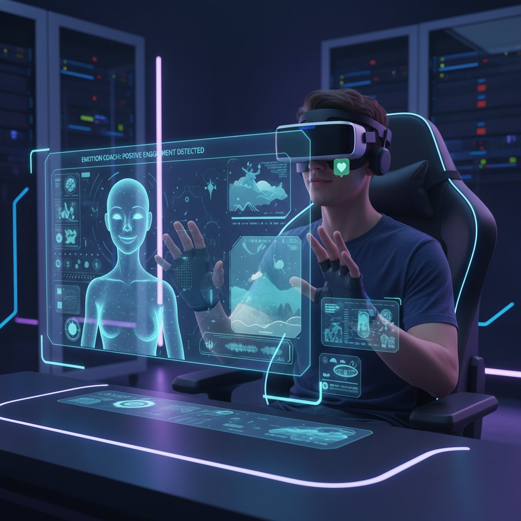 Osoba grająca w grę z asystentem AI, ekran pokazuje wirtualnego pomocnika reagującego na emocje