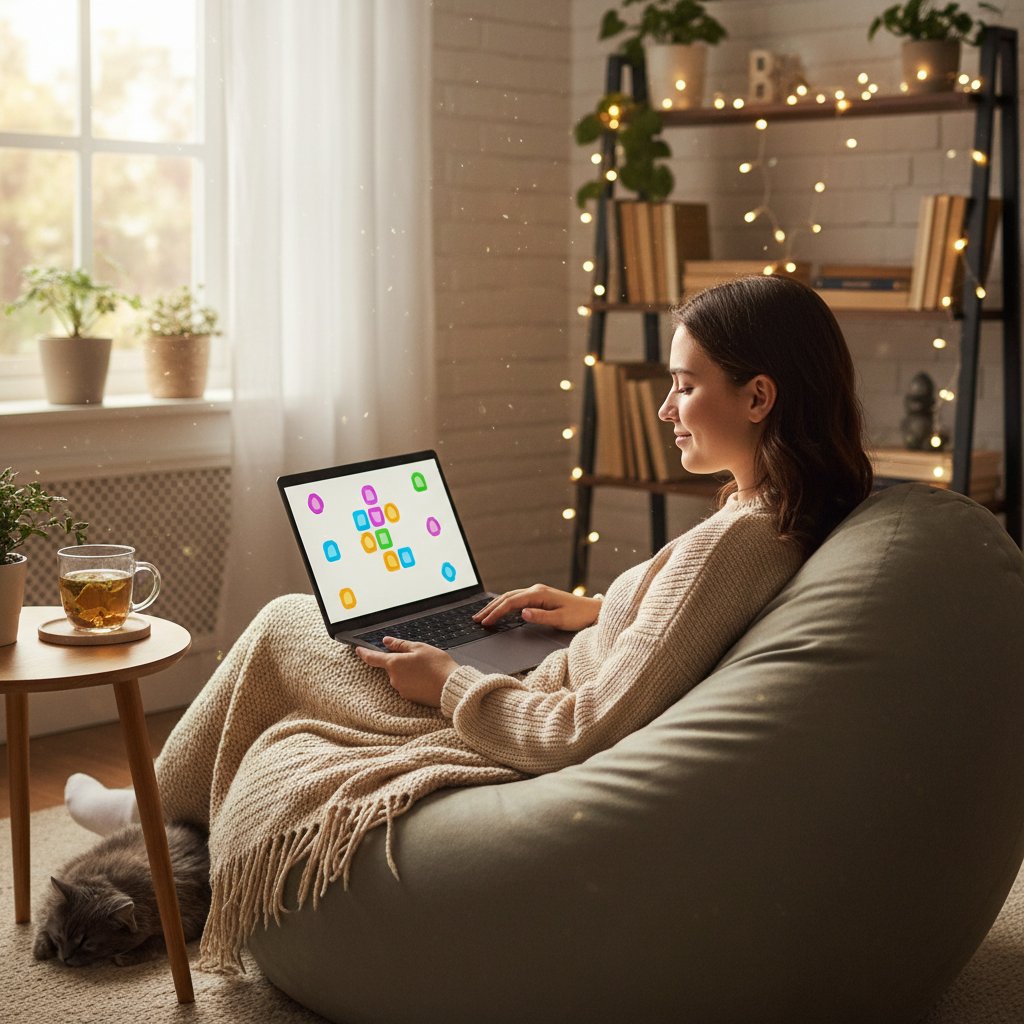 Osoba grająca w popularną grę antystresową w polskim domu, z widocznym laptopem i relaksującą atmosferą