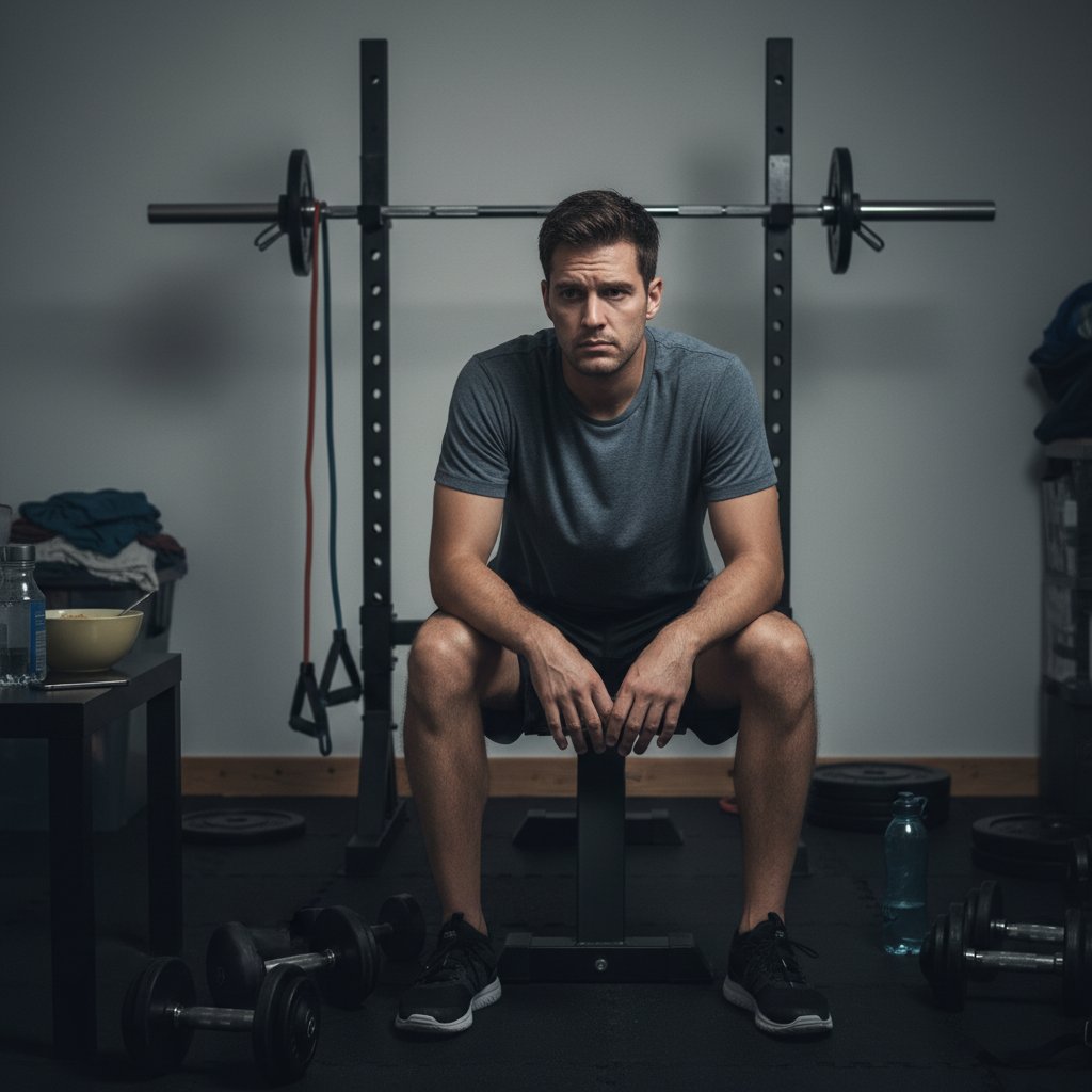 Osoba po treningu, niepewna mina, brak poprawy nastroju po ćwiczeniach, domowa siłownia