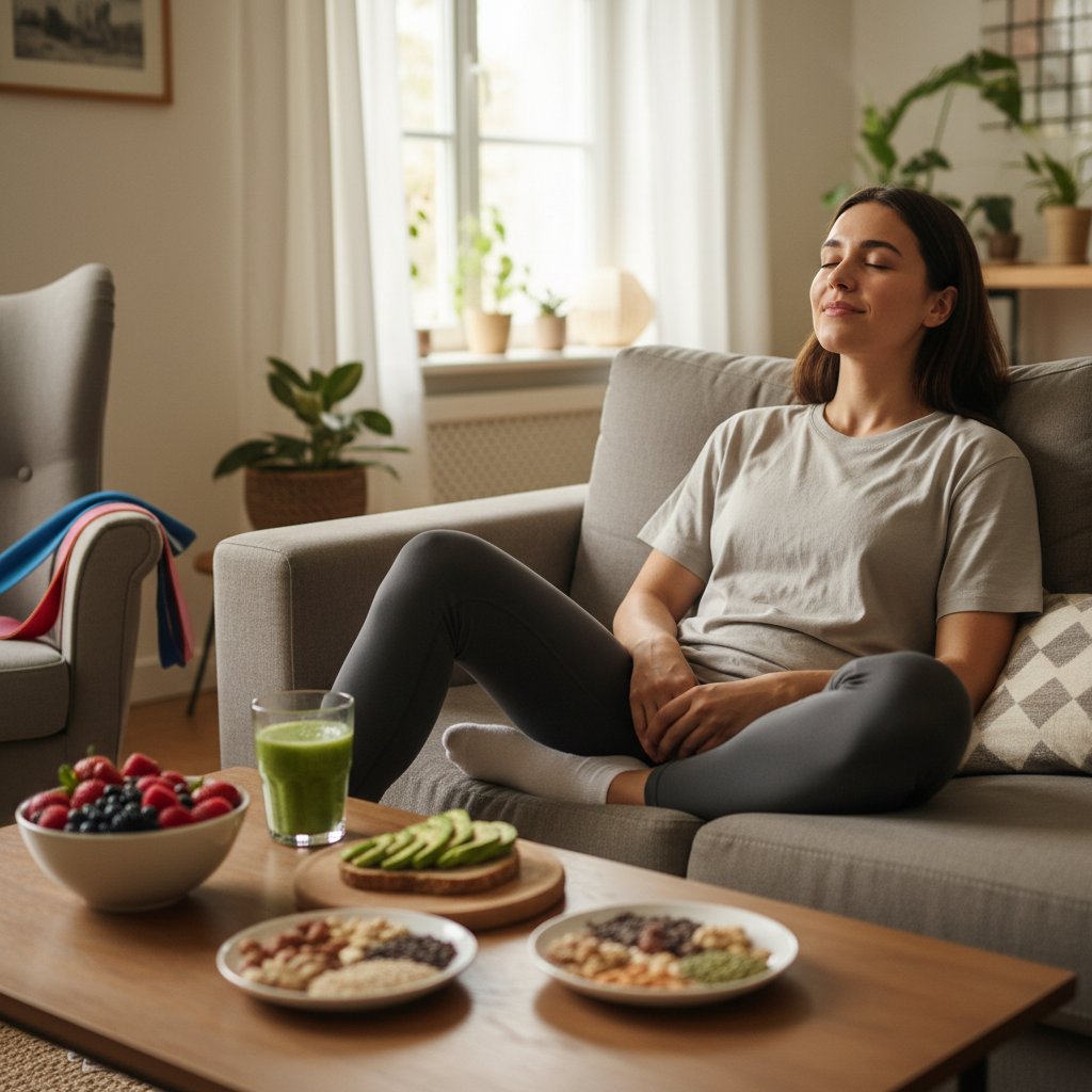Osoba relaksująca się po treningu w domowej atmosferze, zdrowe jedzenie, spokojny wyraz twarzy