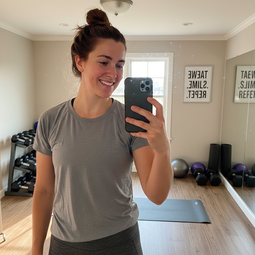 Osoba uśmiechnięta po treningu, selfie z pozytywną energią, domowe otoczenie