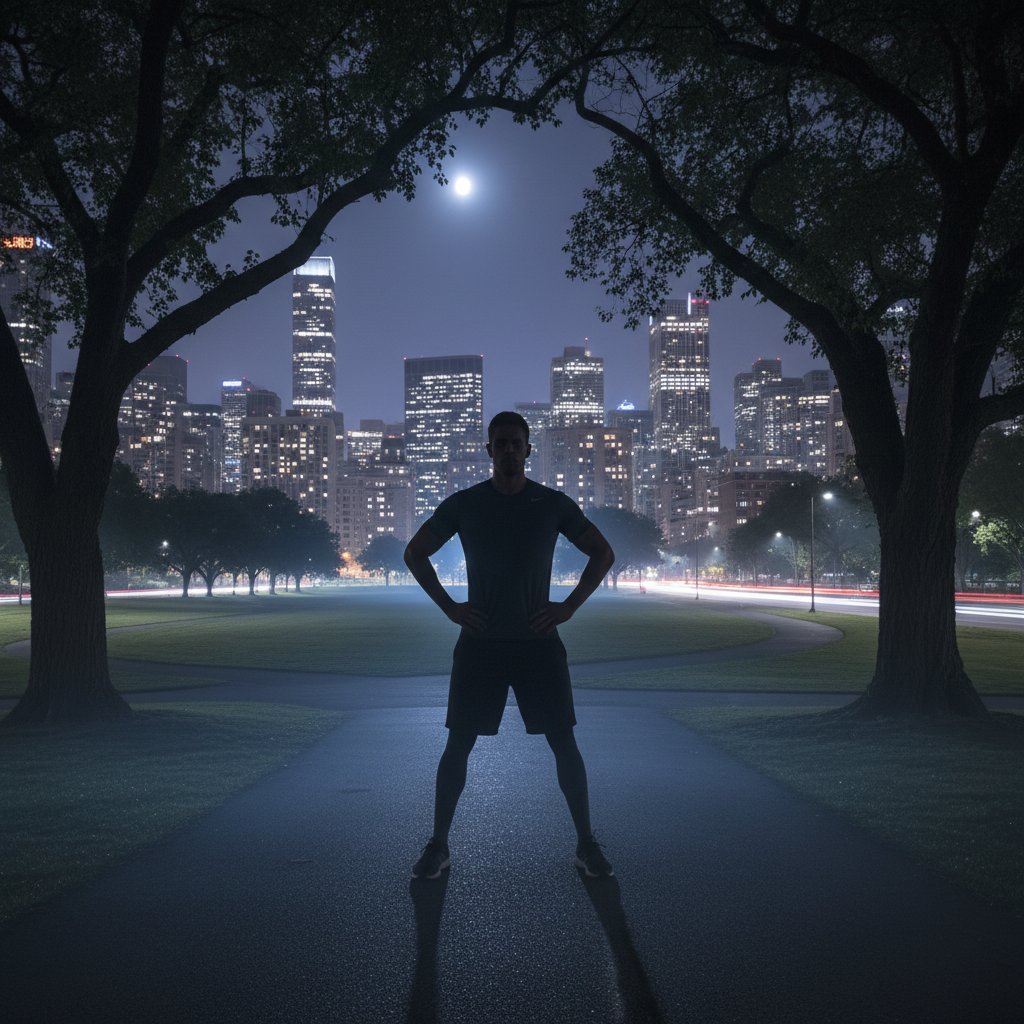 Osoba wykonująca ćwiczenie „pozycji mocy” w oświetlonym miejskim parku