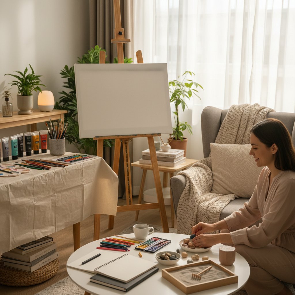 Osoba przygotowująca stanowisko do własnej sesji arteterapii w domowym zaciszu
