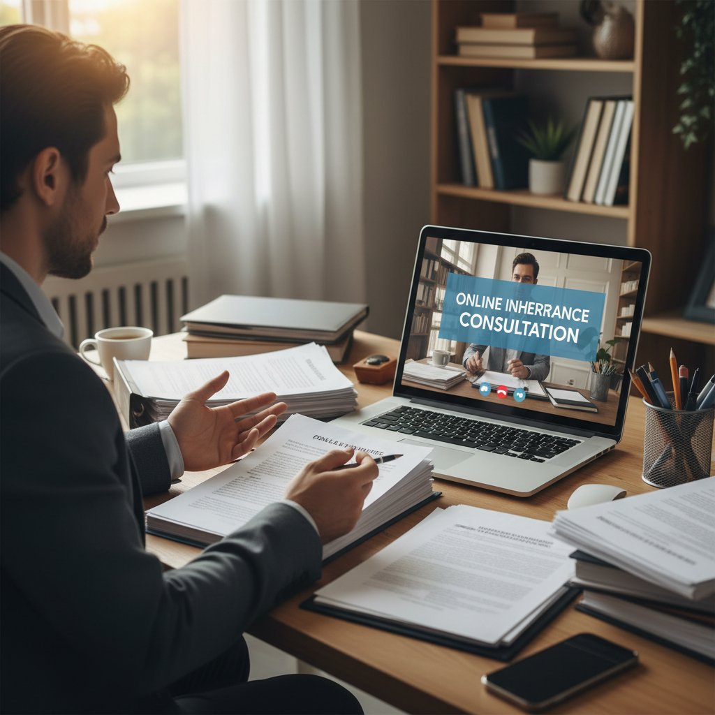 Osoba przygotowująca dokumenty do konsultacji spadkowej online, laptop na biurku, stos papierów