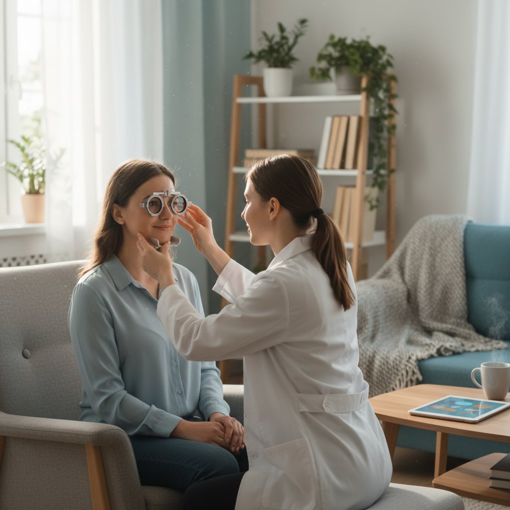 Osoba przygotowująca się do badania wzroku w spokojnym otoczeniu domowym