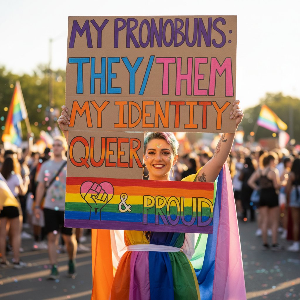 Osoba trzyma plakat z napisem „Moje zaimki, moja tożsamość”, emocje dumy