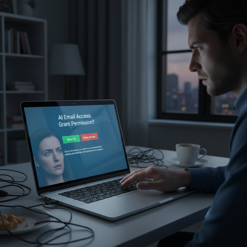 A person showing hesitation while authorizing AI access to their email account on a laptop, highlighting privacy and trust concerns