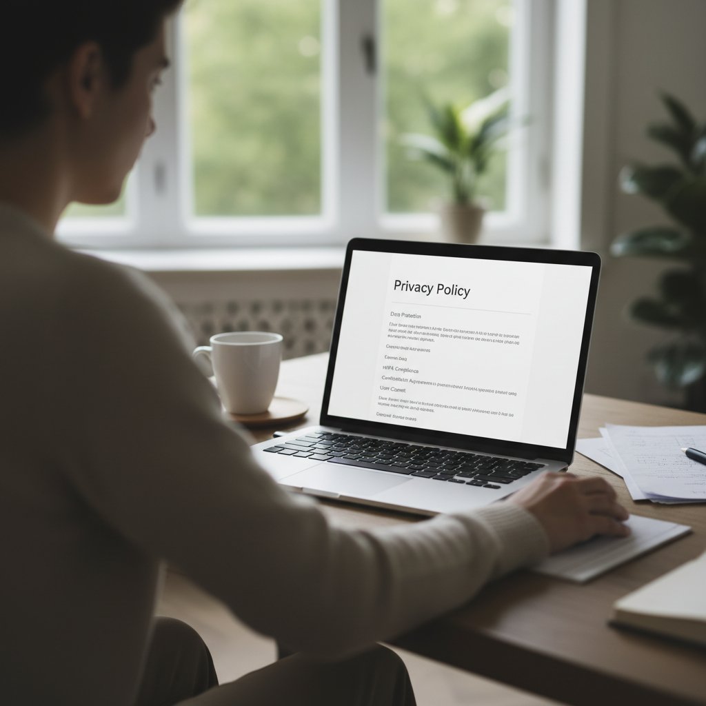 Osoba sprawdza politykę prywatności i źródła wiedzy na portalu edukacji zdrowotnej przed rejestracją