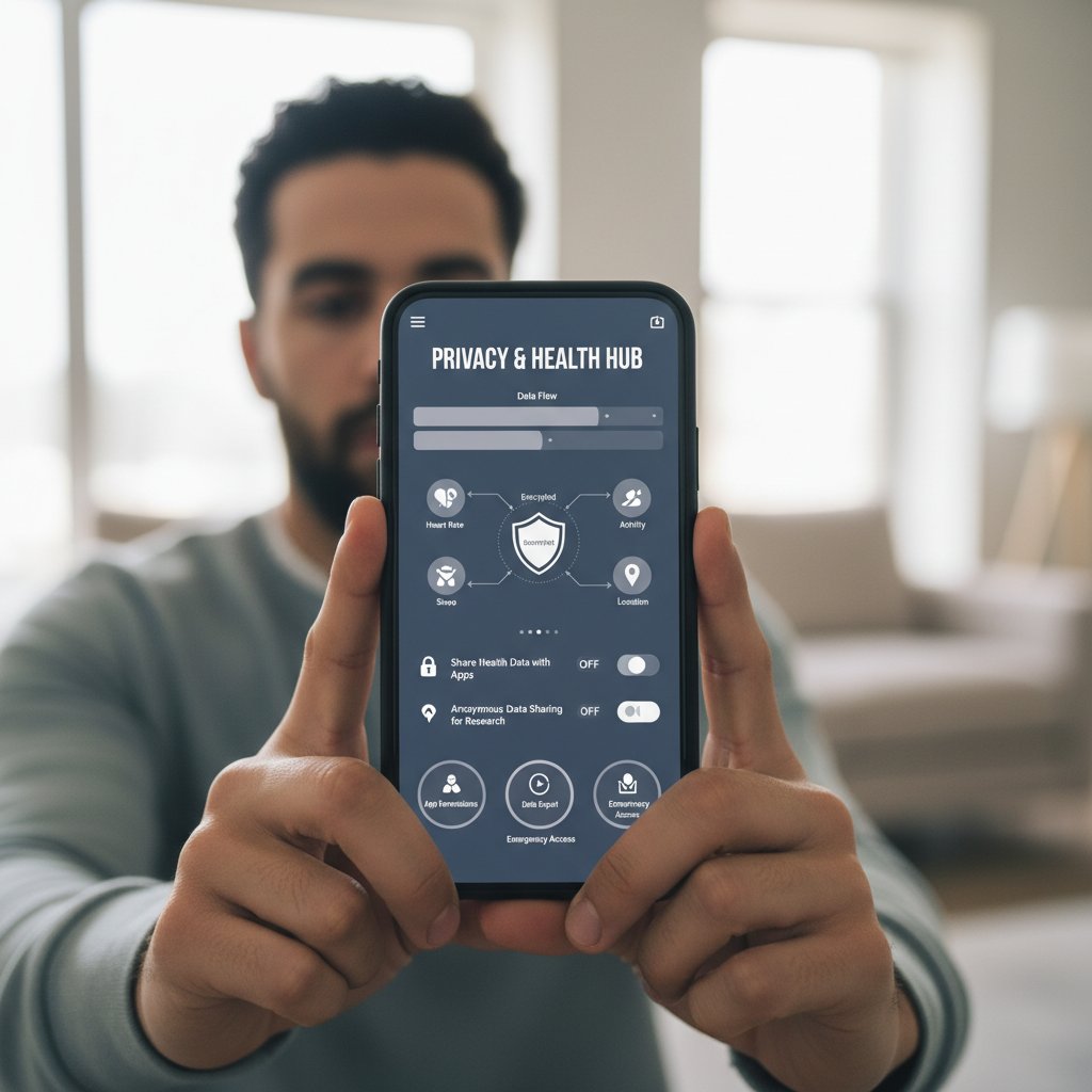 Osoba przegląda ustawienia prywatności na smartfonie – cyfrowa kontrola zdrowia
