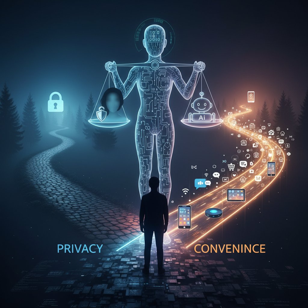 Osoba zmagająca się z wyborem między prywatnością a wygodą AI