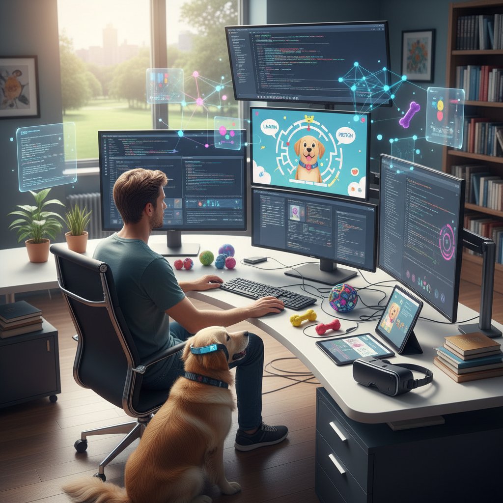 Osoba programująca sztuczną inteligencję do gry edukacyjnej o psach