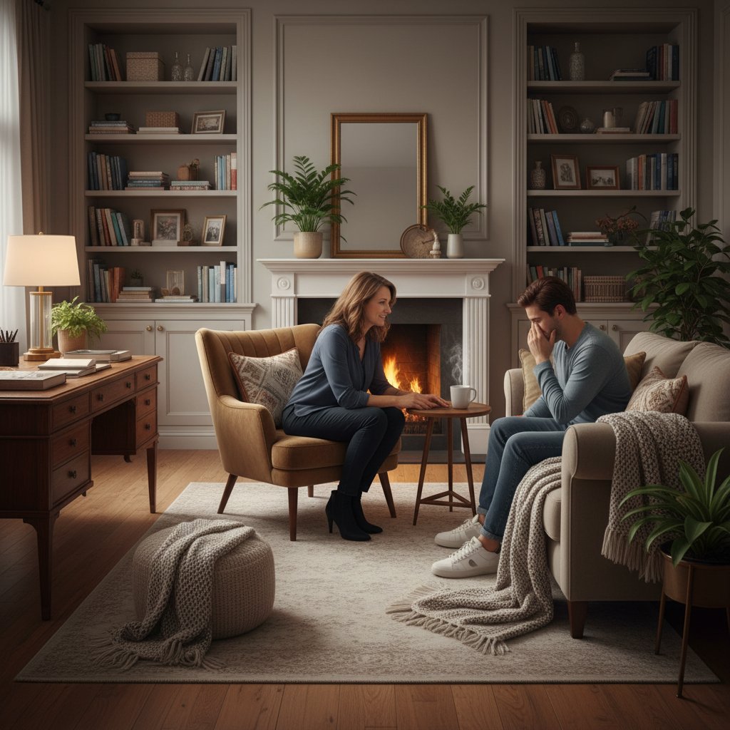 Osoba rozmawiająca z psychologiem w przytulnym gabinecie – wsparcie profesjonalne, atmosfera zaufania